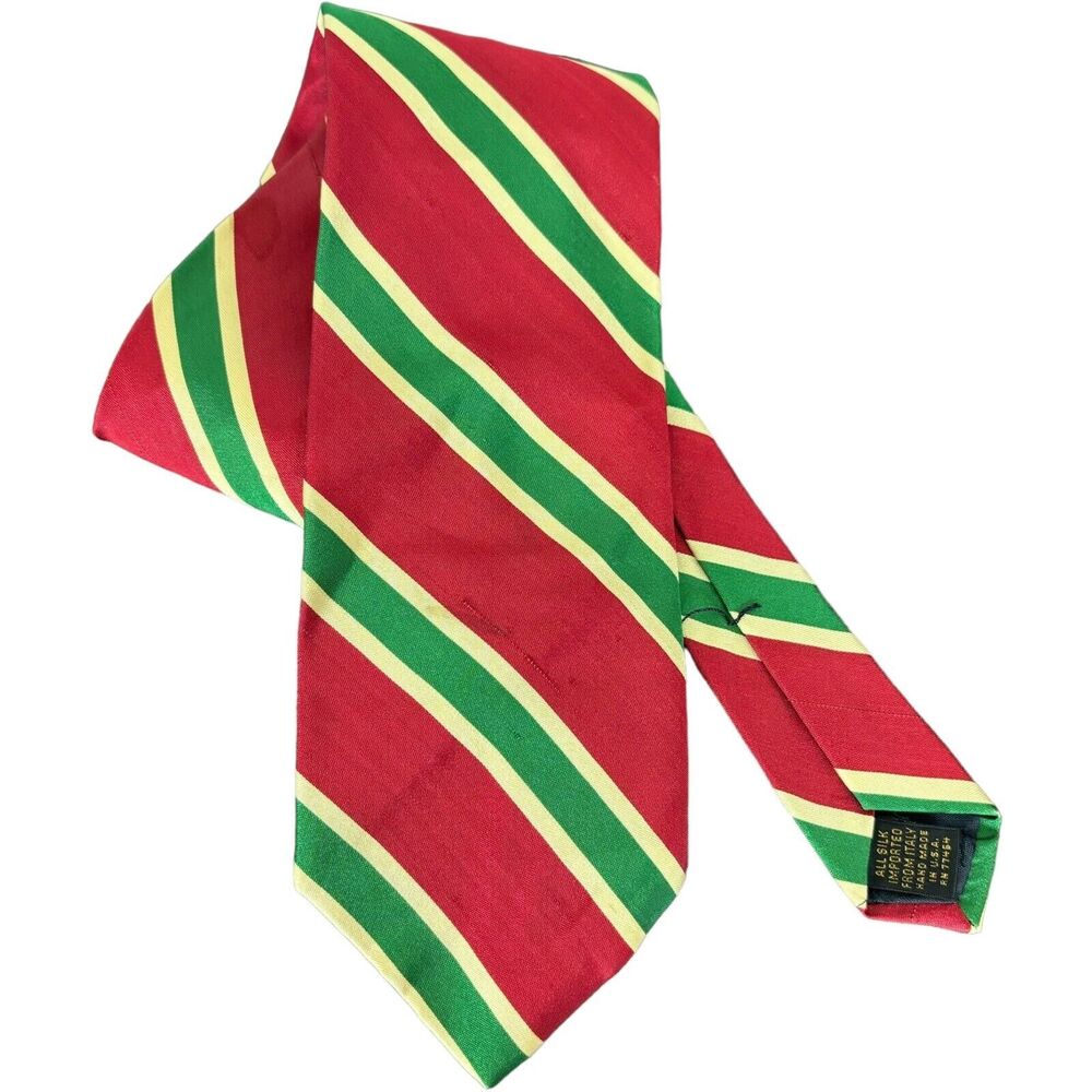 AKM Red Green Gold Striped Italian Silk Hand Made Tie